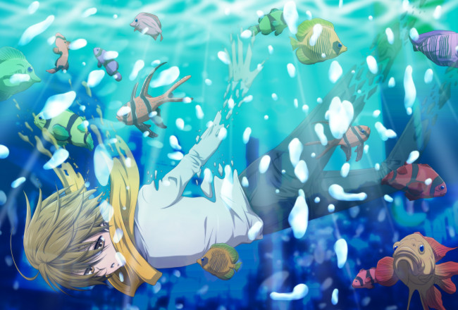 Обои картинки фото аниме, dyurarara, пузыри, рыбы, kida, masaomi, вода, парень, арт, дюрарара