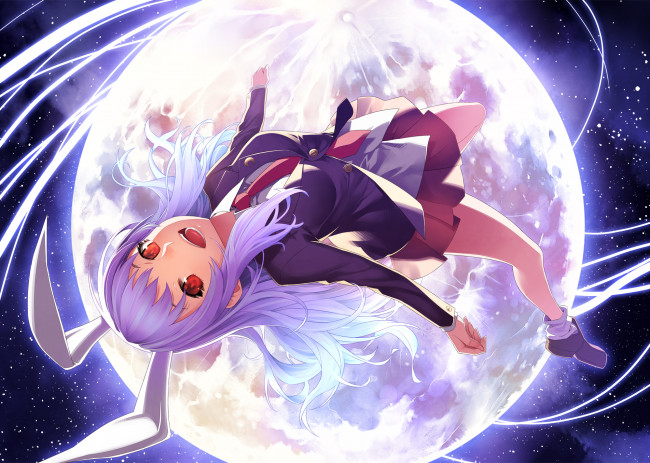 Обои картинки фото аниме, touhou, луна, небо, взгляд, улыбка, девушка, арт, полёт, ушки