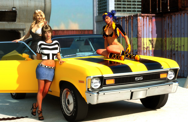 Обои картинки фото автомобили, 3d car&girl, автомобиль, фон, взгляд, девушки