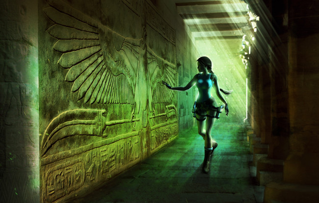 Обои картинки фото видео игры, lara croft and the guardian of light, девушка, фон, стена, луч