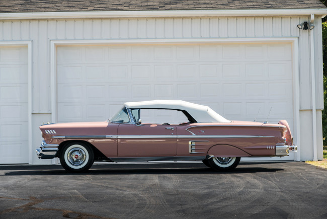Обои картинки фото автомобили, chevrolet, convertible, tri-power, turbo-thrust, super, bel, air, 1958г, impala, 348