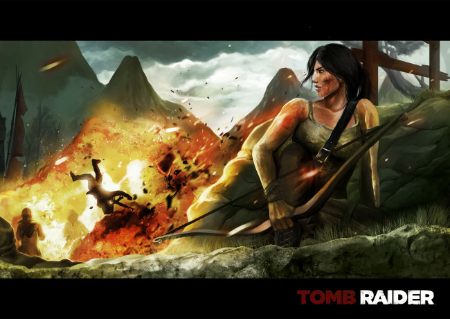 Обои картинки фото видео игры, lara croft and the guardian of light, фон, горы, взрыв, лук, девушка