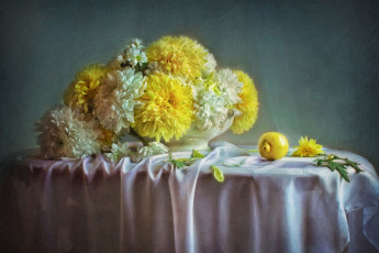 обоя рисованное, цветы, картина, хризантемы, лимон