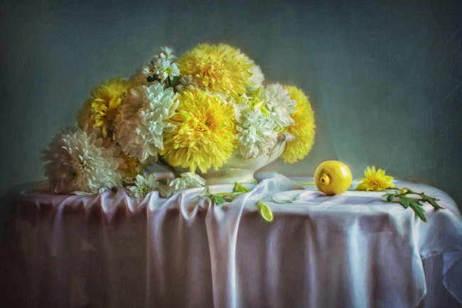 Обои картинки фото рисованное, цветы, картина, хризантемы, лимон
