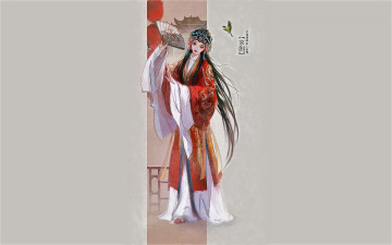 Картинка рисованное люди девушка макияж веер птица