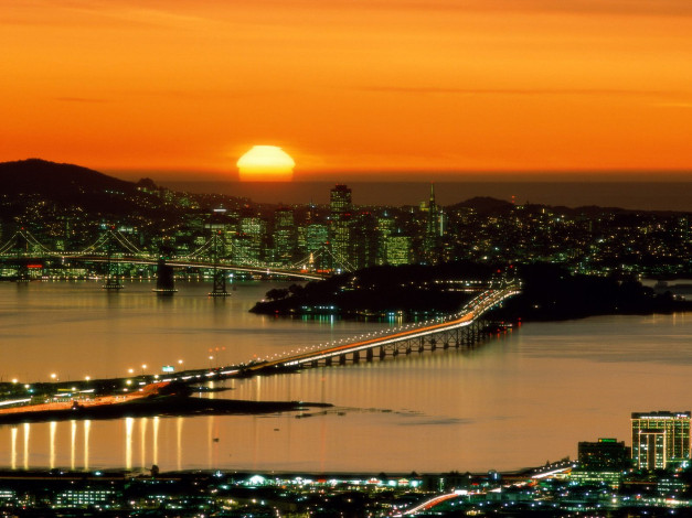Обои картинки фото the, setting, sun, over, san, francisco, california, города, сан, франциско, сша