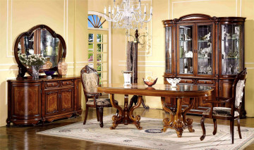Картинка интерьер столовая люстра сервант стулья комод зеркало стол