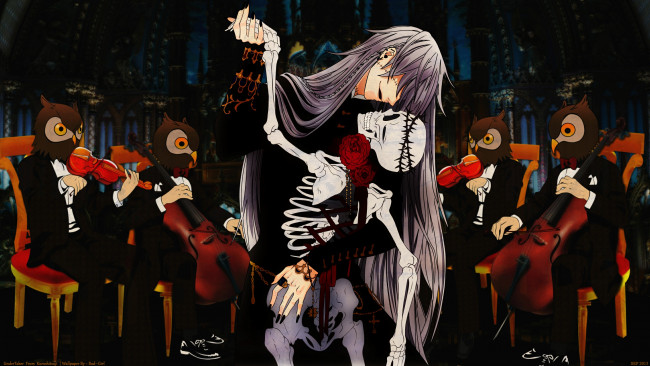 Обои картинки фото аниме, kuroshitsuji, скелет, оркестр, танец, совы