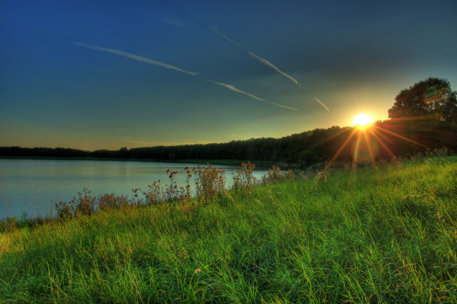 Обои картинки фото германия, хунген, природа, восходы, закаты, река, трава, закат