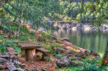 Картинка природа реки озера скамейка осень река лес