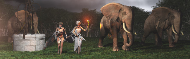 Обои картинки фото 3д графика, фантазия , fantasy, девушки, факел, слоны