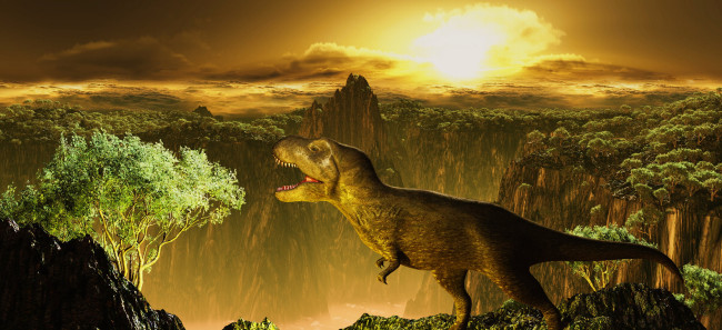 Обои картинки фото 3д графика, животные , animals, закат, горы, динозавр