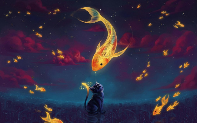 Обои картинки фото фэнтези, другое, рыбы, мечта, сон, циферблат, кошка, часы, небо, ночь, город