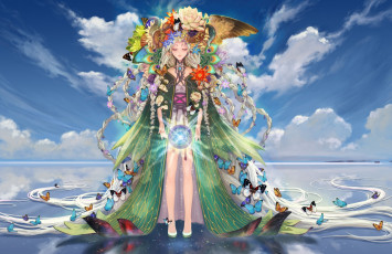 Картинка аниме ангелы +демоны арт цветы девушка teddy yang крылья бабочки вода облака сфера небо отражение