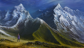 Картинка рисованное природа пейзаж горы девушка трава человек небо