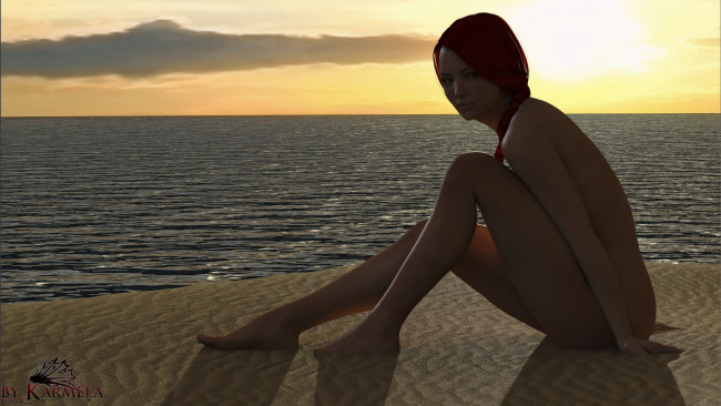 Обои картинки фото 3д графика, люди , people, закат, море, пляж, фон, взгляд, девушка