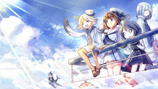 Обои картинки фото wadanohara and the great blue sea, аниме, unknown,  другое, девочки, лучи, борт, корабль