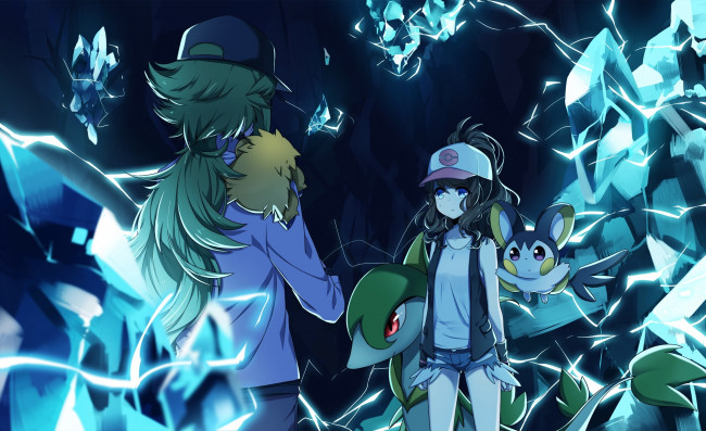Обои картинки фото аниме, pokemon, звери, touko, n, парень, девушка, кепка, магия, transistor, арт