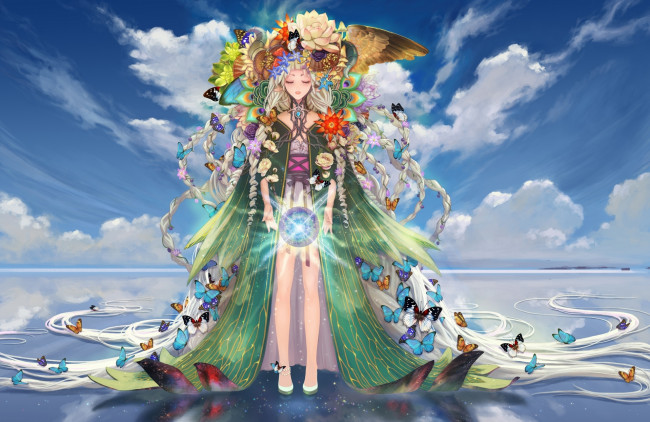 Обои картинки фото аниме, ангелы,  демоны, арт, цветы, девушка, teddy, yang, крылья, бабочки, вода, облака, сфера, небо, отражение