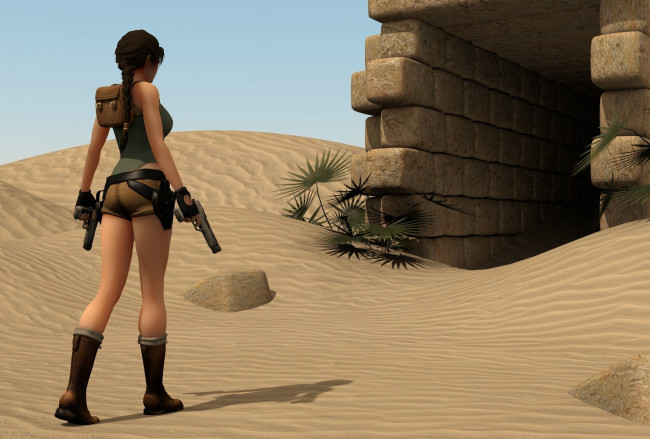 Обои картинки фото 3д графика, фантазия , fantasy, пустыня, оружие, фон, взгляд, девушка