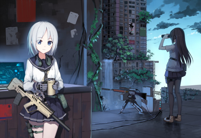 Обои картинки фото аниме, оружие,  техника,  технологии, небо, винтовка, здание, город, девушки, фон, взгляд