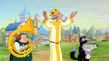 обоя мультфильмы, иван царевич и серый волк 2, кот, царь, корона, мужчина, здания, труба