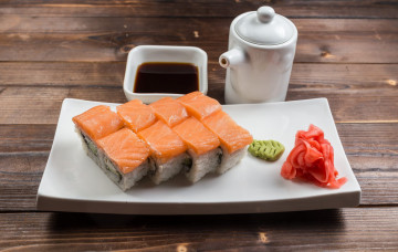 Картинка еда рыба +морепродукты +суши +роллы роллы соус имбирь вассаби лосось