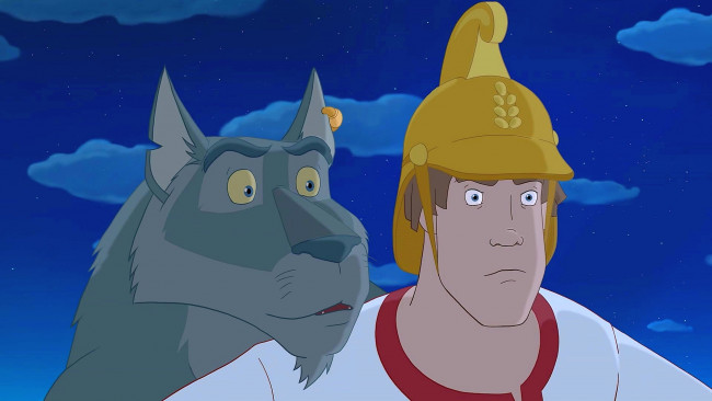 Обои картинки фото мультфильмы, иван царевич и серый волк 2, парень, волк, шлем, взгляд
