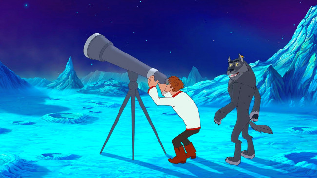 Обои картинки фото мультфильмы, иван царевич и серый волк 2, подзорная, труба, планета, волк, парень