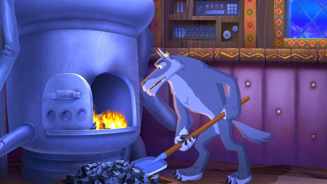Обои картинки фото мультфильмы, иван царевич и серый волк 2, печь, волк, уголь, лопата, огонь