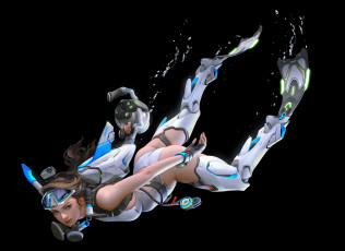 Картинка фэнтези роботы +киборги +механизмы взгляд вода девушка арт черный фон sci-fi ласты