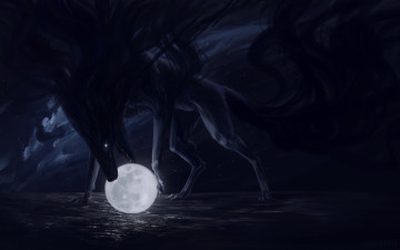 Картинка фэнтези оборотни небо вода облака ночь животное луна арт пасть moon