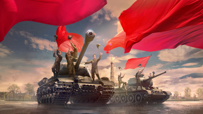 Обои картинки фото видео игры, мир танков , world of tanks, танки, ликование, советские, площадь, танкисты, world, of, tanks, знамёна, wot, красные