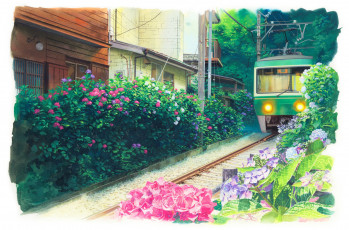 Картинка рисованное города город дома железная дорога кусты трамвай цветы