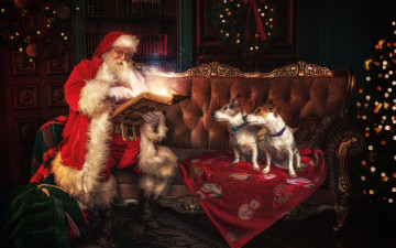 Картинка праздничные дед+мороз +санта+клаус санта книга собачки