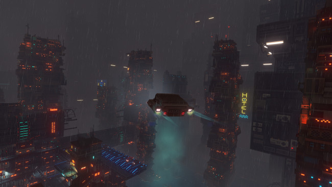 Обои картинки фото видео игры, cloudpunk, будущее, город, огни, машина, дождь