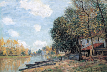 Картинка рисованное alfred+sisley деревья река лодки берега дом