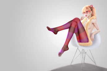 Картинка 3д+графика аниме+ anime чупа-чупс девушка гольфы очки блондинка стул evangelion взгляд конфета