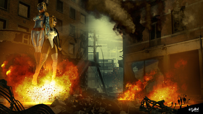 Обои картинки фото 3д графика, фантазия , fantasy, девушки, огонь, город