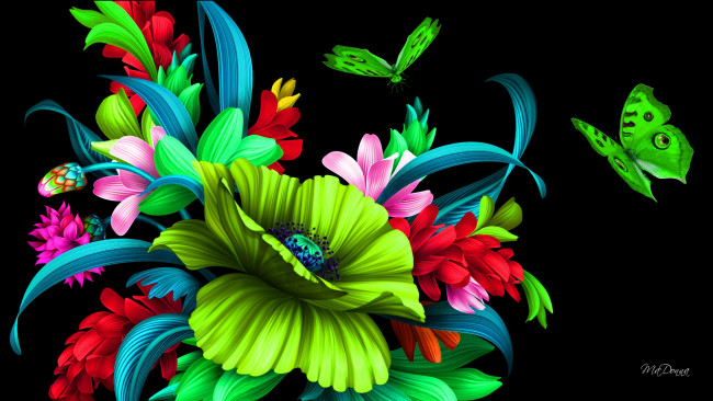 Обои картинки фото рисованное, цветы, фон, бабочки
