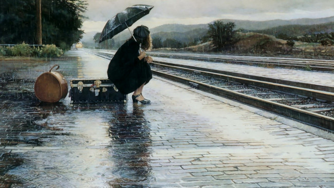 Обои картинки фото рисованное, люди, чемоданы, рельсы, девушка, вокзал, станция, зонт, платформа, лужи, дождь