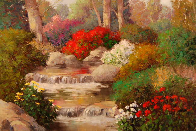 Обои картинки фото рисованное, живопись, ручеёк, вода, розы, деревья, цветы, природа