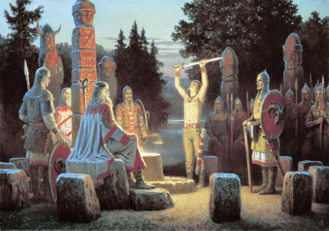Обои картинки фото клятва сварожича, рисованное, борис ольшанский, меч, боги, славяне, ритуал, река, деревья, воины, камни, идолы