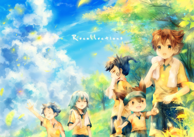 Обои картинки фото аниме, unknown,  другое, небо, облака, парни, onineko, арт, листья, природа, команда, радость, деревья