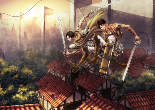 Обои картинки фото аниме, shingeki no kyojin, тросы, оружие, взгляд, eren, jaeger, fufu, парни, rivaille, shingeki, no, kyojin, art, город, стена, полет