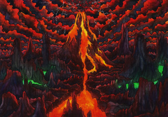 Картинка фэнтези пейзажи вулкан скалы лава извержение тучи