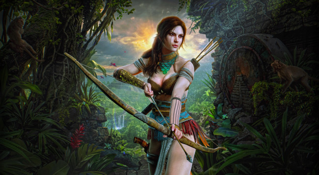 Обои картинки фото видео игры, tomb raider , other, девушка, фон, джунгли, лук, стрелы