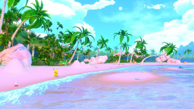 Обои картинки фото видео игры, new pokemon snap, пикачу, море, берег, пальмы