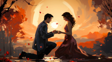 Картинка рисованное люди пара любовь осень