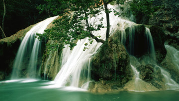 обоя природа, водопады, камни, дерево